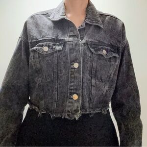 Cropped Black Acid Wash Denim Jacket Raw Hem Designer Style Edgy Chic M/L